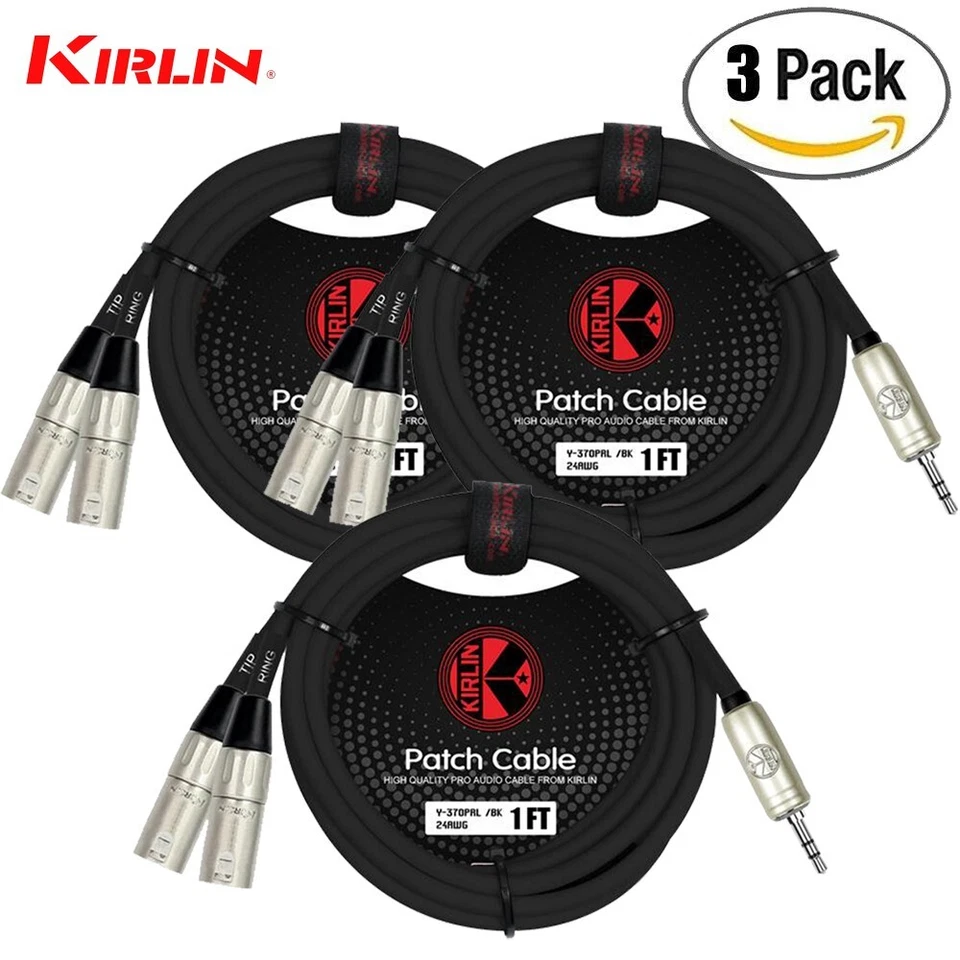 PACK de 3 cables Kirlin de 1 pie 3,5 mm TRS a doble XLR macho sin ruido Y-370 PRL-01/BK Foto 1 de 1