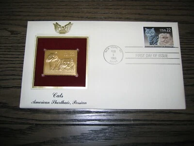 1988 Cats American Shorthair Persian 22kt Gold GOLDEN FDC replica Cover STAMP - Image 1 of 3