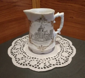 ANTIQUE WHEELOCK AUSTRIA CERAMIC GOVT. BLDG. CEDAR RAPIDS, IOWA CREAMER/PITCHER  - Picture 1 of 11