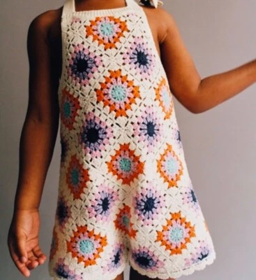 Zara Kids Crochet Multi Color Granny Square All In One Romper Size 4-5 Rare HTF - Image 1 of 4