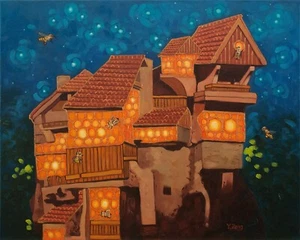 Giclee impresión artística de pintura al óleo Casa de abejas, fantasía 8"×10", 16"×20" - Imagen 1 de 4