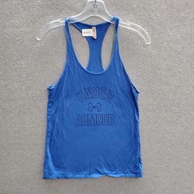 Under Armour Women Top Small Blue Tank Logo Spellout Racerback Scoop Neck - Image 1 of 4