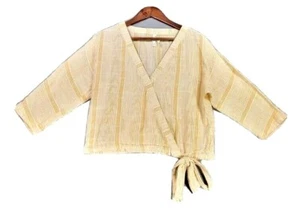 Krazy Girl Girls Yellow Gold Striped 3/4 Sleeve Knot Tie Waist V-Neck Top S - Picture 1 of 3