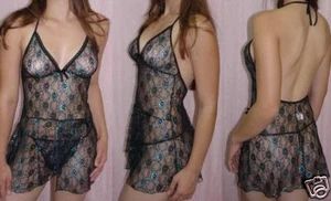 Shamah Lingerie Black & Aqua Floral Lace Chemise Large - FREE SHIPPING - Picture 1 of 1
