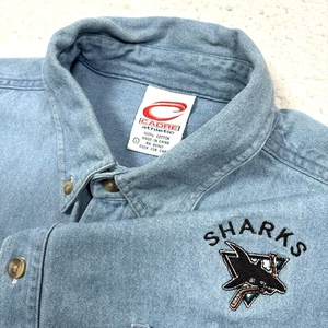 VTG San Jose Sharks Denim Shirt Men L Blue Embroider Hockey Long Sleeve 90s RARE - Picture 1 of 11
