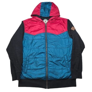 Volcom Puffer Hybrid Hoodie Jacket Mens Large Colorblock Red Teal Charcoal - Picture 1 of 14
