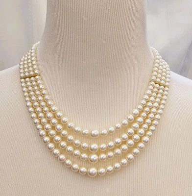 Vintage 1950s Faux  Satin Pearl  Necklace  Layered Four Strand Gold Tone Closure - Image 1 of 4