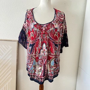 Bila Womens Red Floral Batik Blouse Sz L Bohemian Cold Shoulder Bohemian Boho - Picture 1 of 11