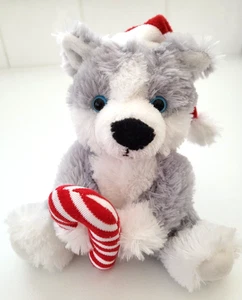 Russ Christmas Husky Dog Plush 6" Grey White Red Candy Cane Santa Hat Blue Eyes - Picture 1 of 8