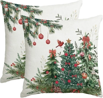 Christmas Pillow Covers 18x18 Inch Set of 2 Red Green Decorative Christmas Tree  - Image 1 of 4