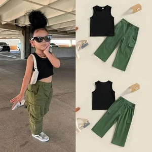 Toddler Baby Girl 2Pcs Outfits Sleeveless Crop Tank Top Cargo Pants Clothes Set - Picture 1 of 12