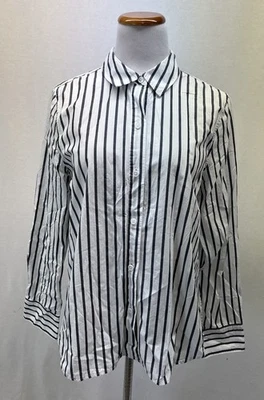 Jenni Kayne White w Navy Stripes Cotton Classic Button Down Long Sleeve Top Sz L — 第 1/4 张图片
