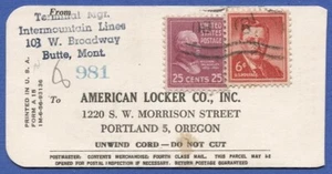 Circa 1955 25c Prexy + 6c Roosevelt on Reg. Tag, Butte, MT to Oregon + Return - Picture 1 of 2