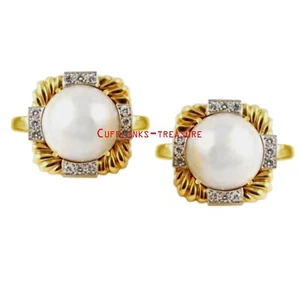Fresh Water Peal & CZ Gemstones With 925 Sterling Silver Cufflinks For Men's #C7 - Picture 1 of 3