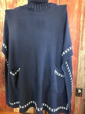 Poncho de punto mezcla de lana cuello alto con bolsillos talla única azul...b1 Foto 1 de 3