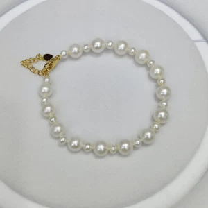 7.5-8" Pretty Design Big&Small Akoya White Round Pearl Bracelet 14k Gold P Clasp - Picture 1 of 5