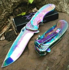 Rose Pocket Knife Spring Assisted Rainbow Unisex Men Ladies Girl Women Classyđź’– - Picture 1 of 12