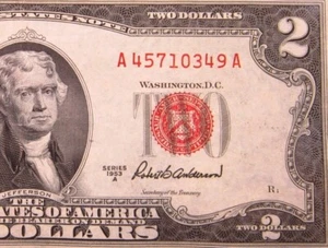 USA $2 1953 A A45710349A # UNITED STATES Note RED Seal Jefferson Dollars Money - Picture 1 of 3
