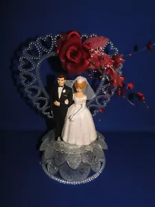 New Elegant Crystal Look Heart Wedding Couple, Burgandy Caketopper, #219 - Picture 1 of 7