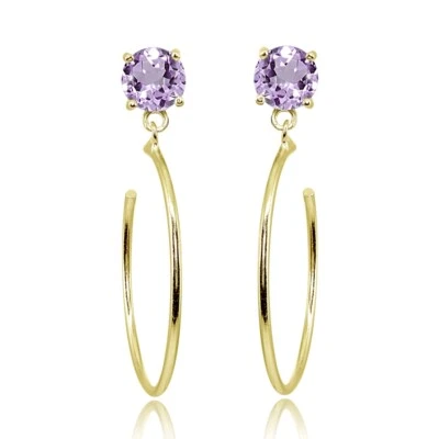 Yellow Gold Flash Sterling Silver 6mm Amethyst Dangling Half Hoop Stud Earrings - Image 1 of 3