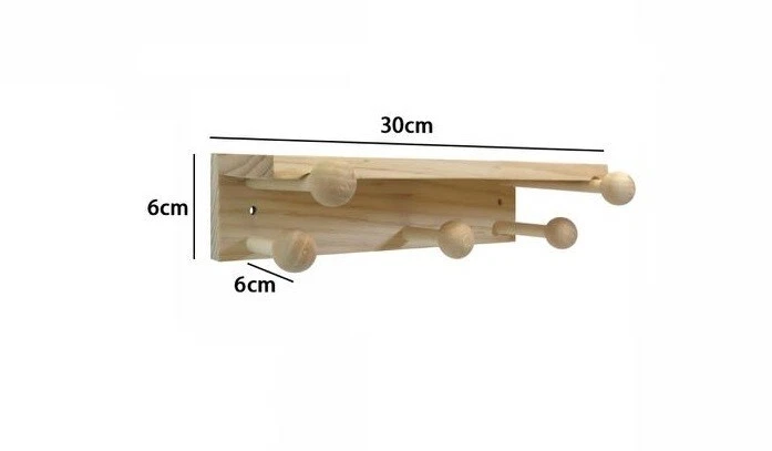 x Mensola Legno Naturale 30cm  Con 5 Ganci Appendiabiti Attaccapanni Parete dfh - Immagine 1 di 1