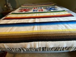 LARGE Wool Serape Blanket Vintage Woven Wool Serape Jorongo With Fringe - Picture 1 of 7
