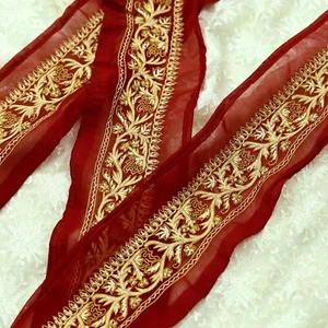 Vintage Red Sari Border Hand Embroidered Craft Trim 1Yd Lace Sewing Ribbon Recyc - Picture 1 of 13