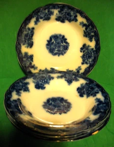 Lot of 5 Semiporcelain NewWharf Pottery Waldorf Pattern Flow Blue Low Soup Bowls - Picture 1 of 11