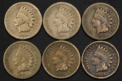 1859-1864 Copper Nickel Indian Head Cent Set: 1859, 1860, 1861, 1862, 1863, 1864 - Image 1 of 4