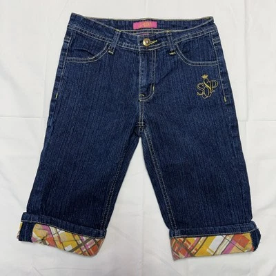 Niñas Polo Sur Lavado Oscuro Denim Pantalones Cortos Cuadros Puños Joyas Acentos Talla 12 Foto 1 de 4