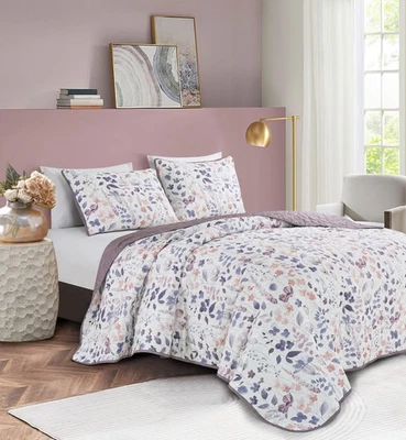 King Size лоскутное одеяло комплект из 3 предметов цветочный фиолетовый покрывало комплект - Изображение 1 из 4