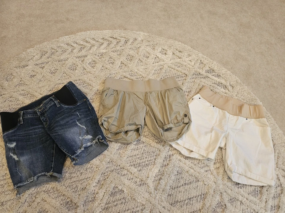 Versatile Women’s Maternity Shorts Trio: Denim, Khaki, White Casual Style - Image 1 of 4