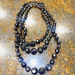 Vintage W GERMANY 3 Strand Faceted Cut Black Jet Glass Beaded Necklace Butterfly - Picture 1 of 12