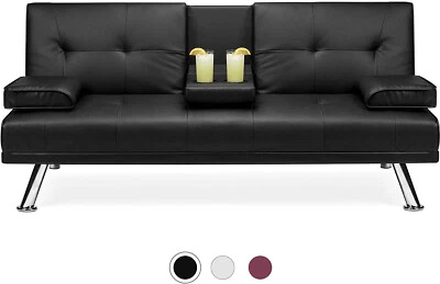 Black Faux Leather Upholstered Modern Convertible Folding Futon Sofa Bed - Image 1 of 4