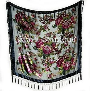 Piano Shawl Scarf Wrap Black Victorian Rose Beaded Silk Burnout Velvet Maya - Picture 1 of 7
