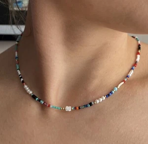 Minimalist Beaded Glass Natural Shell Bead Multicolour Colourful Necklace Choker - Picture 1 of 5