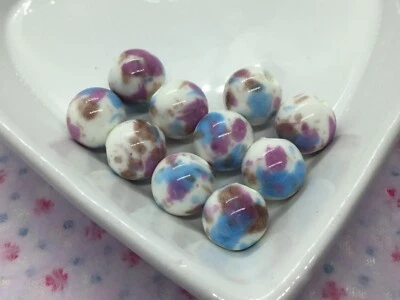 10 porcelain ceramic beads, 10mm lilac, pink, blue, brown marble design, - Image 1 of 2