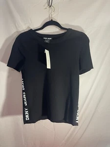 DKNY Black Sweater With Logo Up Sides Sz L NWT - Picture 1 of 7