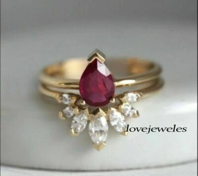 2CT Pear Shape Genuine Ruby Cluster Women's Wedding Ring Set 14K Yellow Gold FN - Image 1 of 4