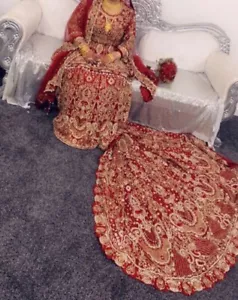 Deep red heavy embroidered stone work Asian wedding lengha with 60 inch trail - Picture 1 of 7