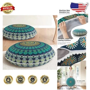 Durable Round Floor Cushions with Pom Pom Trim - 2 Pack Outdoor and Indoor Use - Picture 1 of 11