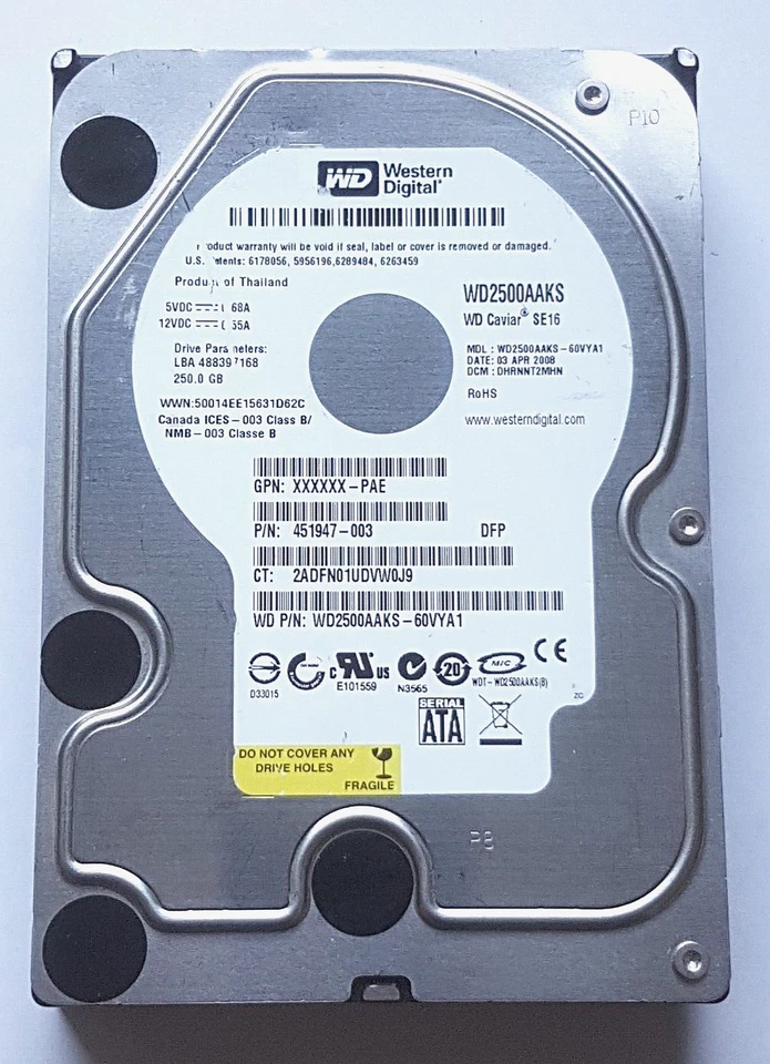 250 GB SATA Western Digital WD2500AAKS-60VYA1 7200rpm 16MB HDD 3,5 " Hard Drive - Image 1 of 1