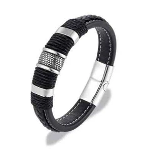 Brazalete de cuero genuino hecho a mano para hombre - Pulsera trenzada de doble capa - Imagen 1 de 5