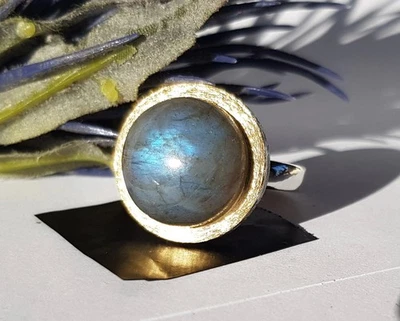 SCHMUCK-STCK RING 925 SILBER LABRADORITH NEU 18,5 58 rund vergoldet CABOCHON - Bild 1 von 4