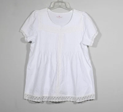 女式白色低圆领 Pintuck Pleats & Lace Trim 束腰外衣 L 码 — 第 1/4 张图片