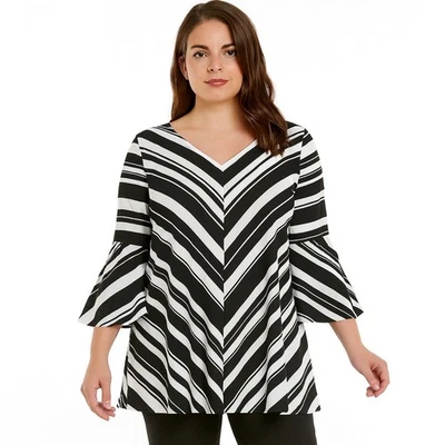 Coco Bianco Black White Striped Long Bell Sleeves Long Top Size L - Image 1 of 4