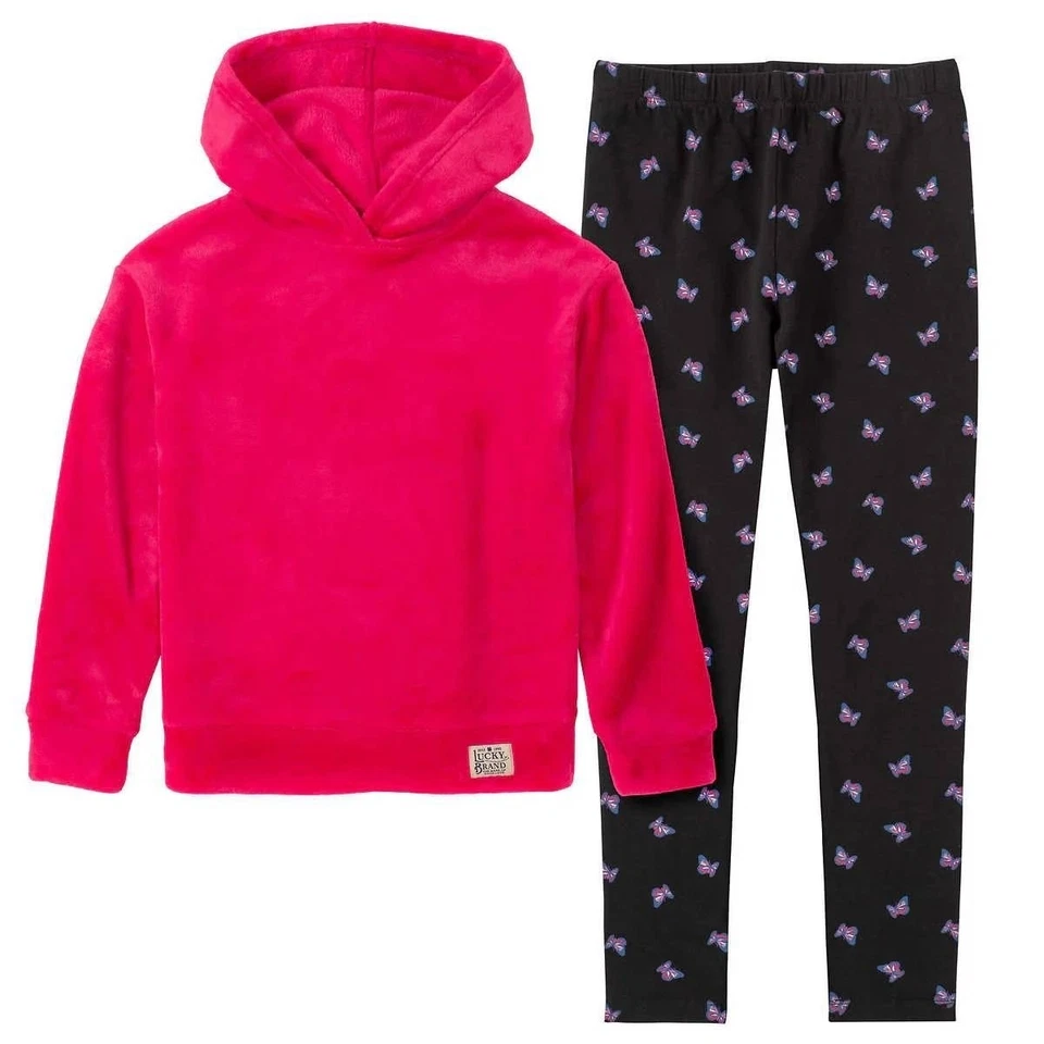 Conjunto de 2 piezas de sudadera con capucha y leggings de felpa roja y negra Lucky Brand para niñas XS Foto 1 de 4