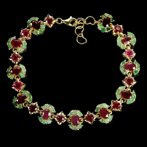 925 Sterling Silver Bracelet Oval Ruby 6x4mm Emerald Gemstone Jewelry 7.5 Inches - Picture 1 of 13