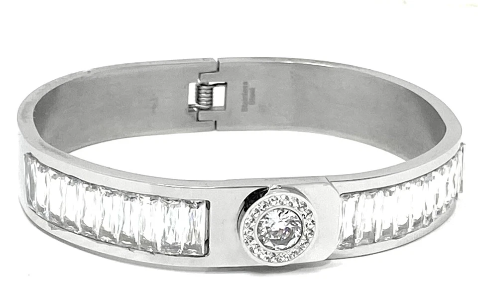 Edelstahl Armreif Armspange Silber mit Baguette Strass oval cm 1,2cm breit - Bild 1 von 1