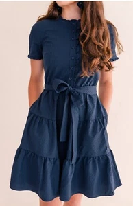 Gal Meets Glam Maisie Dress Navy Blue Ruffle Layered Short Sleeve Seersucker 0 - Picture 1 of 9